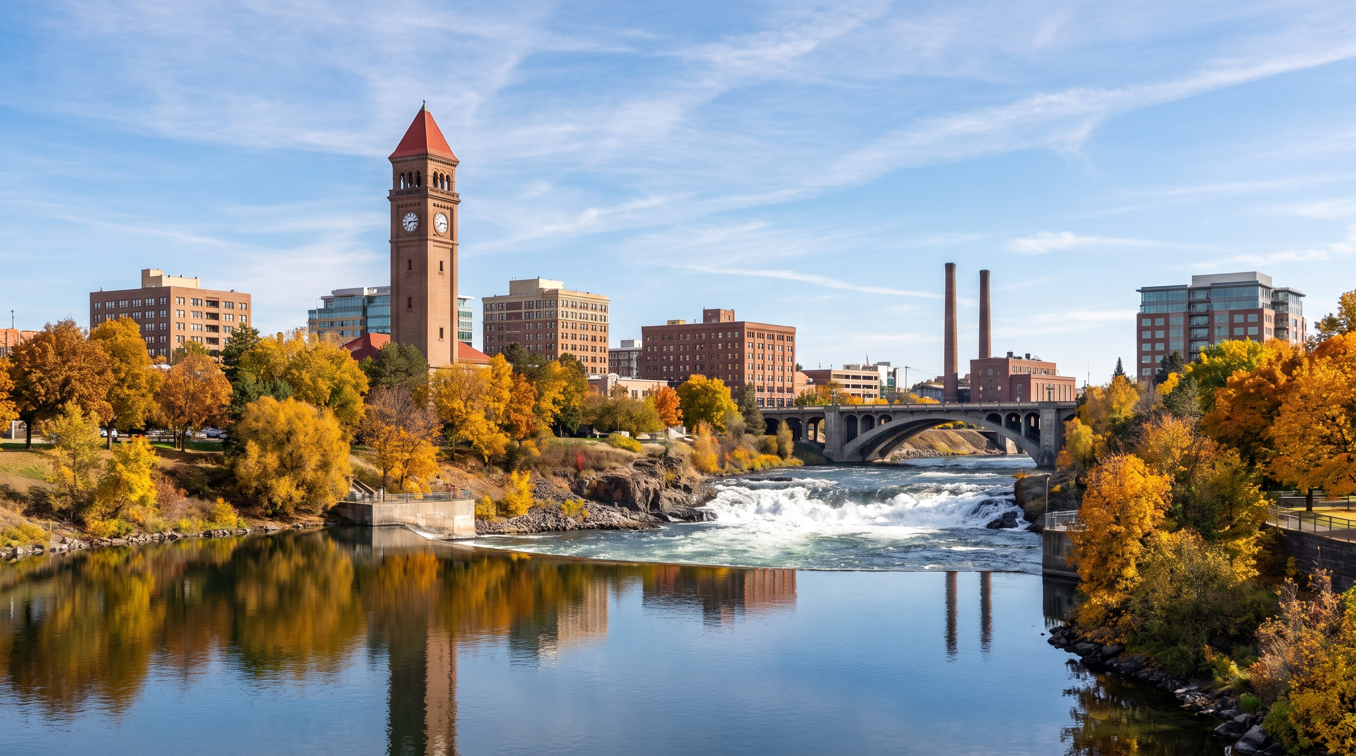 Downtown Spokane, Washington: the Riverfront Park Clock Tower, Monroe Street Bridge, and Spokane Falls in autumn